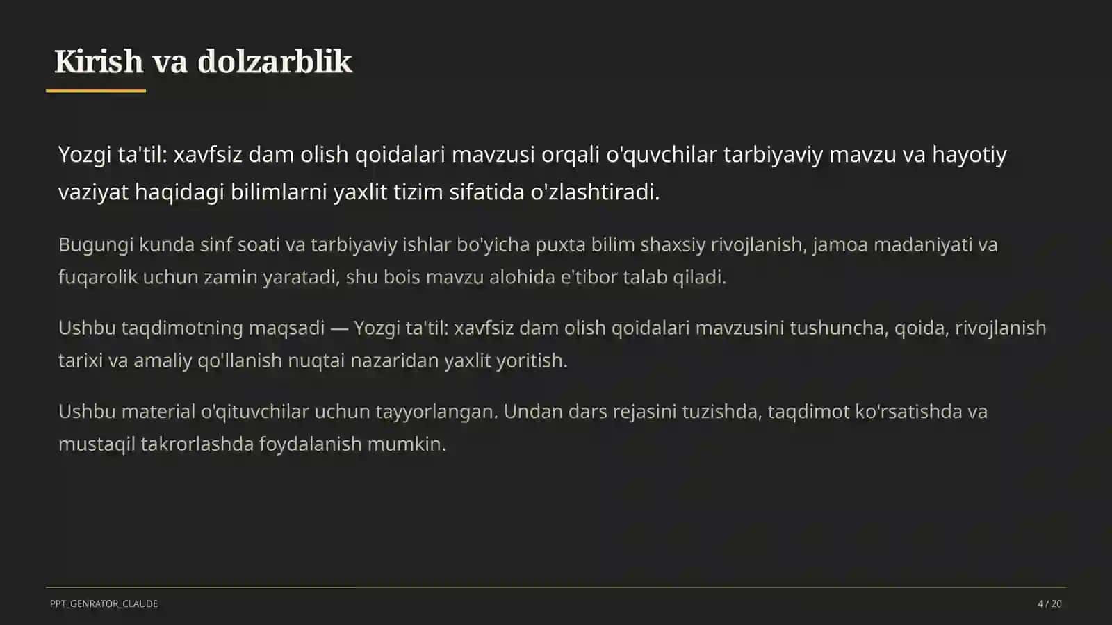 Sinf soati va tarbiyaviy tadbirlar (1–11) — o'qituvchilar uchun 4