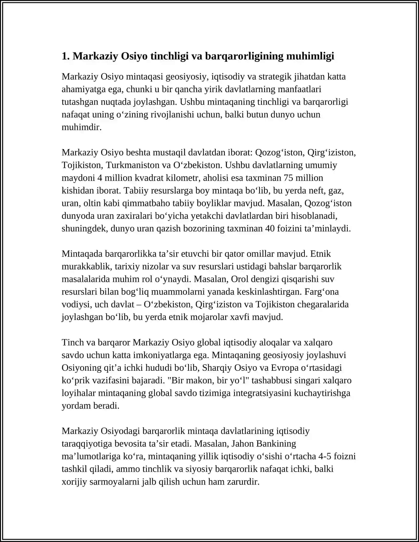 Mustaqil ish: O‘zbekistonning Markaziy Osiyoda Tinchlik va Barqarorlikni Ta’minlashdagi O‘rni 4