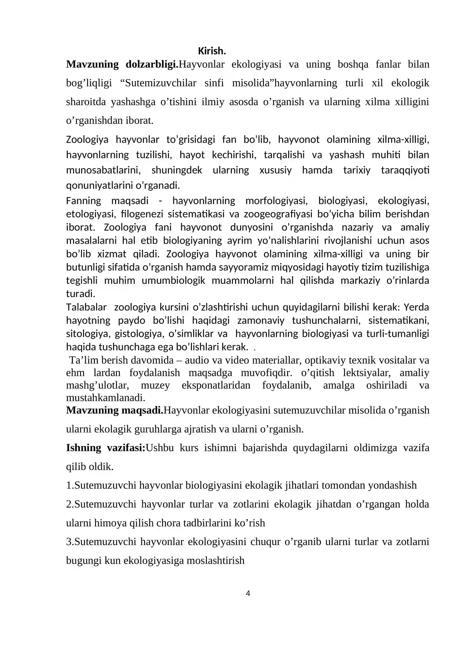 BIOLOGIYA YO`NALISHI 173-GURUH TALABASI EGAMBERDIEV SUNNATILLANING ZOOLOGIYA FANIDAN KURS ISHI 4