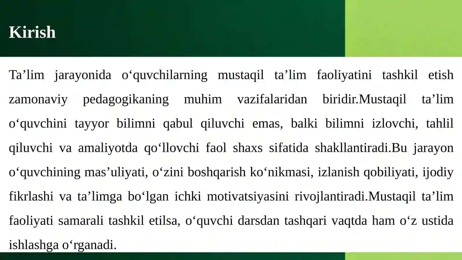 Ta’lim jarayonida o‘quvchilarning mustaqil ta’lim faoliyatini tashkil etish 4