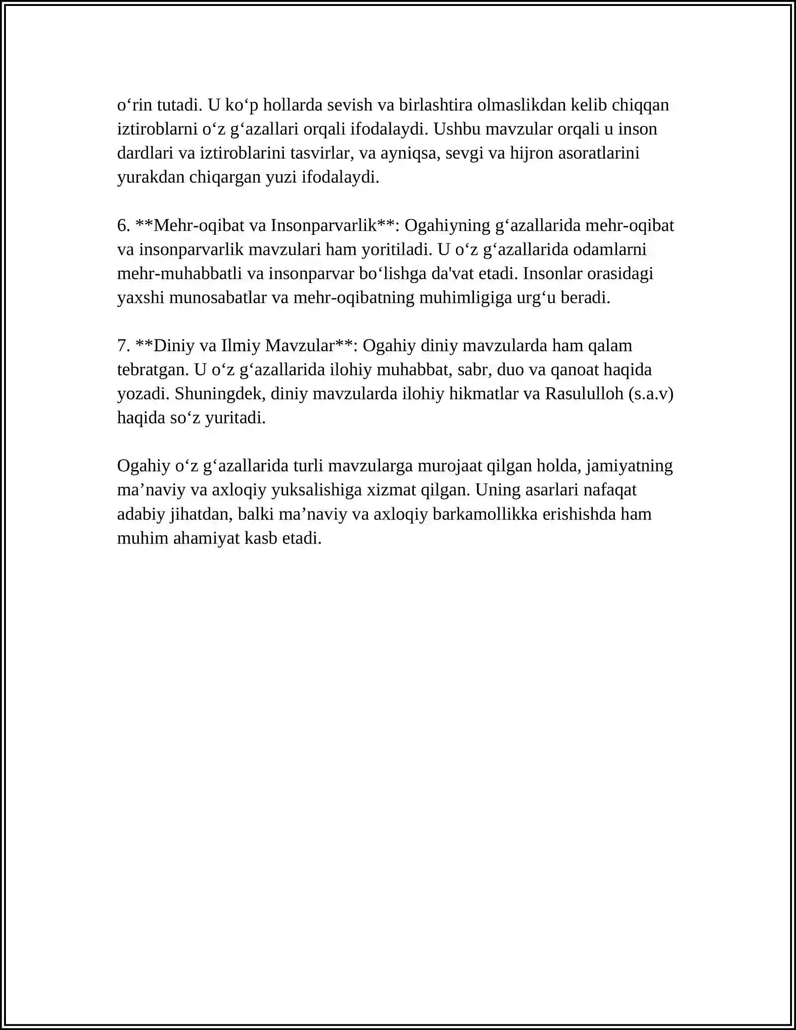 OGAHIY GʻAZALLARI HAQIDA OYLARM 4