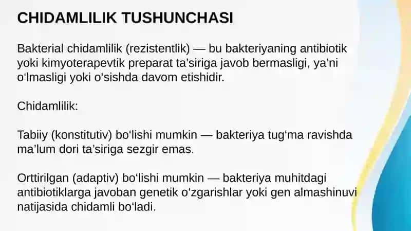 Kimyoterapevtik preparatlar va antibiotiklarga bakteriyalarning chidamli shtammlarining shakllanish mexanizmlari 4