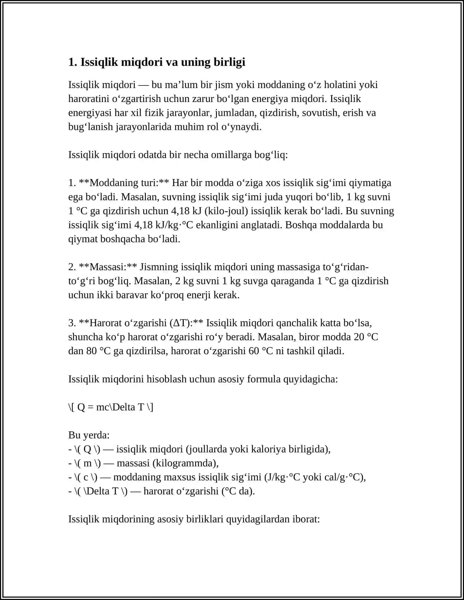ISSIQLIK MIQDORI. OATTIQ JISMLAMING ERISHI VA QOTISHI.ISSIQLIK MASHINALARI VA ULARNING FOYDALI ISH KOEFFITSIENTI 4