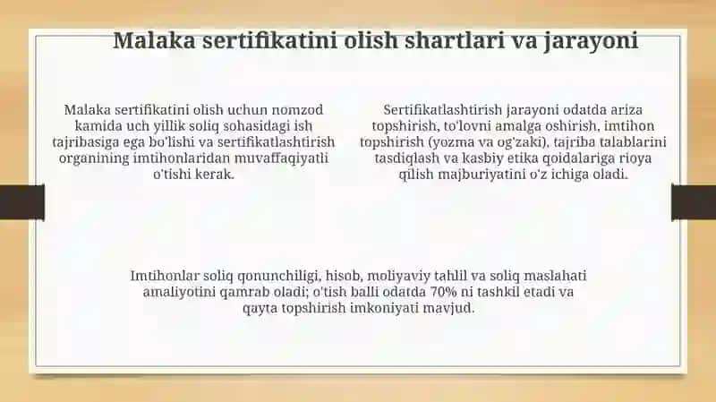 Xorijiy mamlakatlarda soliq maslahatchilarini tayyorlash va malaka sertifikatini olish tartibi 4