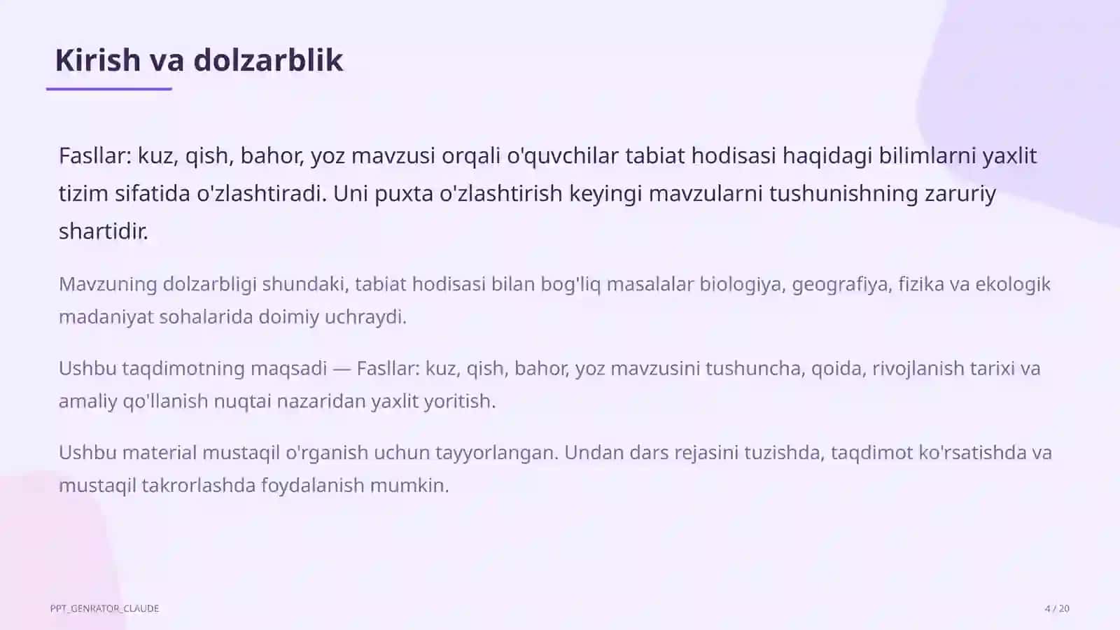 Tabiatshunoslik Dars Rejasi 4