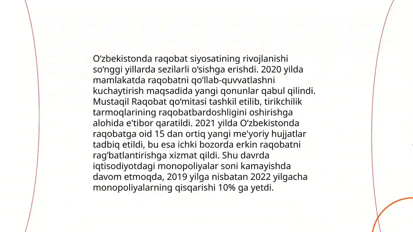 O‘ZBEKISTONDA RAQOBATCHILIK MUHITINING SHAKLLANISHI VA MONOPOLIYAGA QARSHI QONUNCHILIKNING KUCHAYTIRILISHINING AHAMIYATI 4
