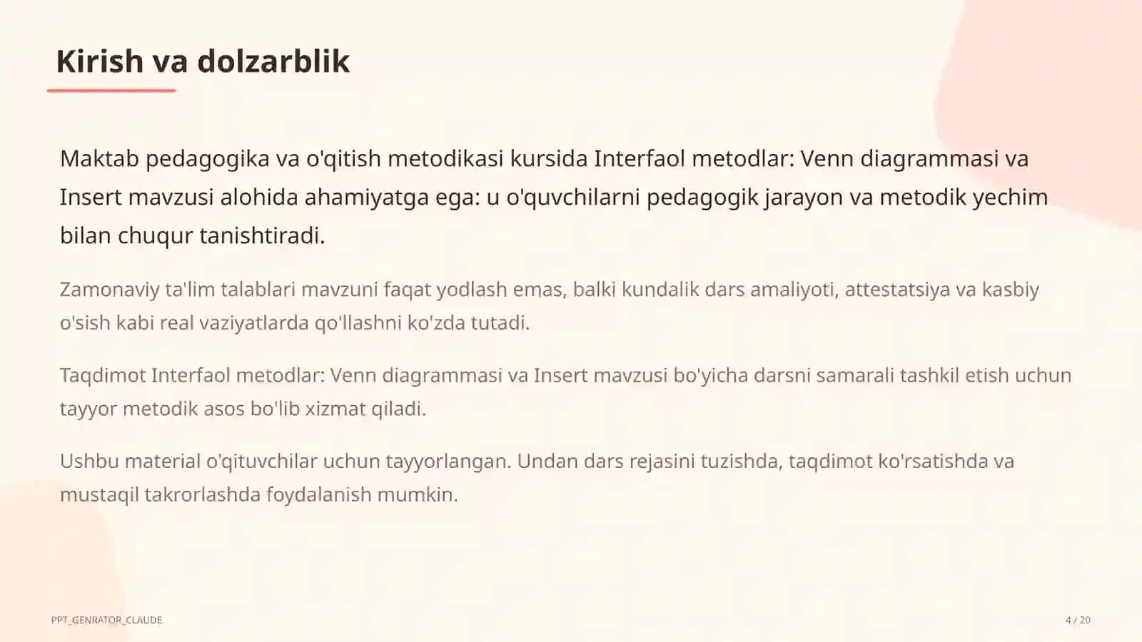 Interfaol metodlar: Venn diagrammasi va Insert 4