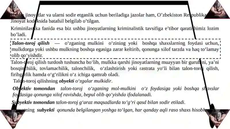 O’ZGALAR MULKINI TALON-TAROJ QILISH JINOYATLARINI TERGOV QILISH 4