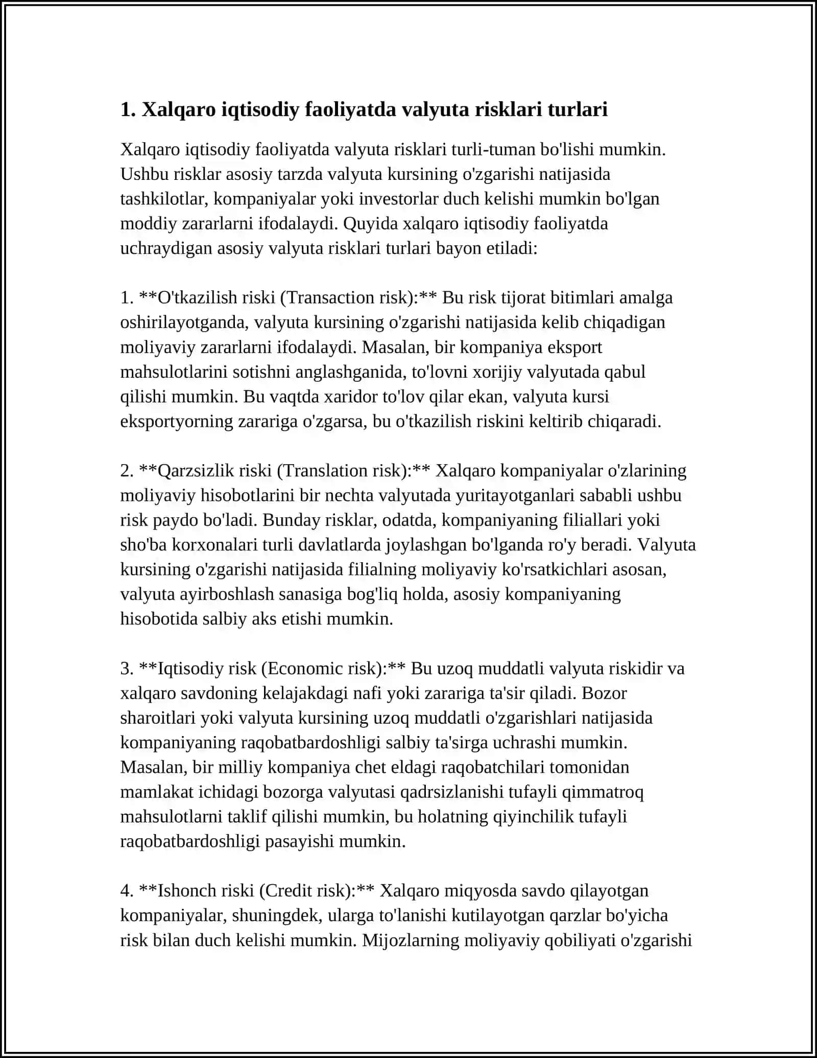 FORVARD SHARTNOMALARI YORDAMIDA XALQARO IQTISODIY FAOLIYATDAGI VALYUTA RISKINI LEDJIRLASH 4