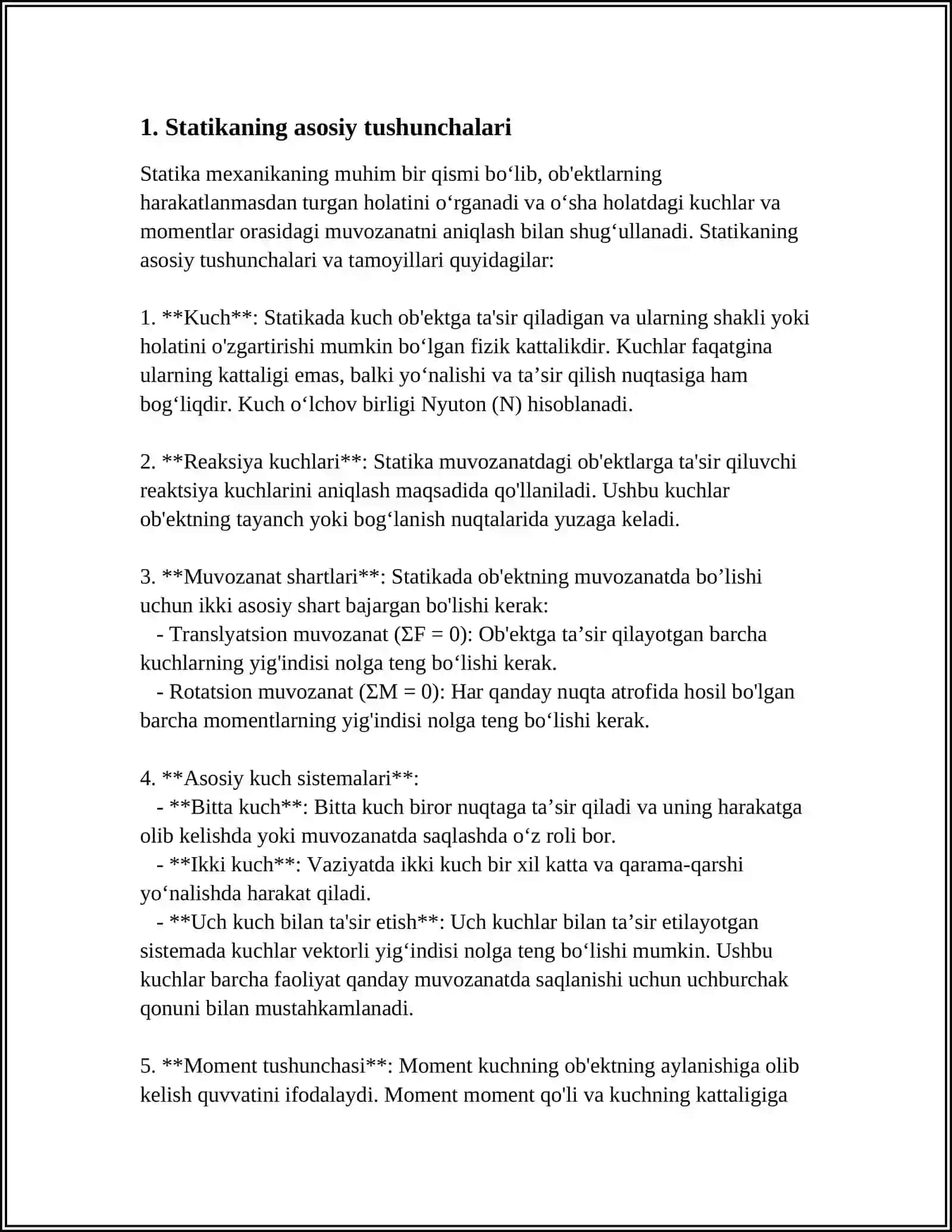 QATTIQ JISMNINGILGARILANMA HARAKATI. STATIKANING ASOSIY TUSHUNCHA VA QOIDALARI 4