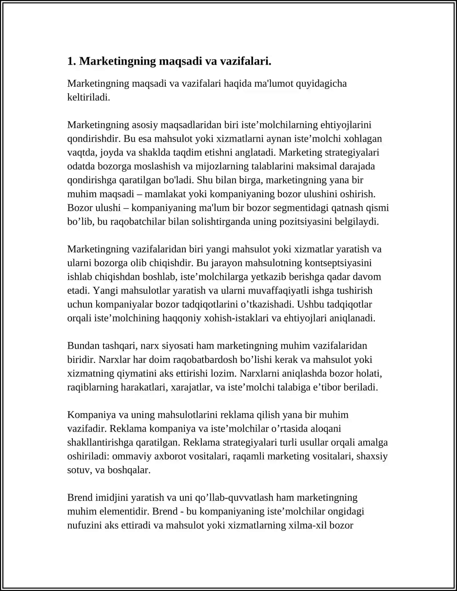 MARKETING, UNING MAQSADI, VAZIFALARI VA TAMOYILLARI. MENEJMENT - KORXONALARNI BOSHQARISH TIZIMI SIFATIDA. MENEJMENTNING MAQSADI VA VAZIFALARI 4