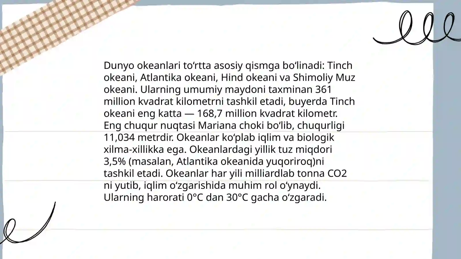 Yerning Gidrosfera qobig’ining tuzilishini o’rganish. Yer sharidagi chuchuk suv zahiralari va ulardan oqilona foydalanish. Yer yuzidagi okean, dengiz,daryo suvlari 4