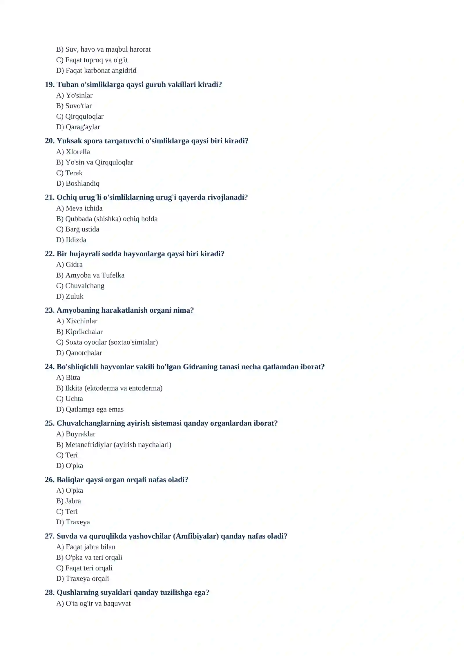5- sinf Biologiya , mavzulashtirilgan testlar to'plami 4