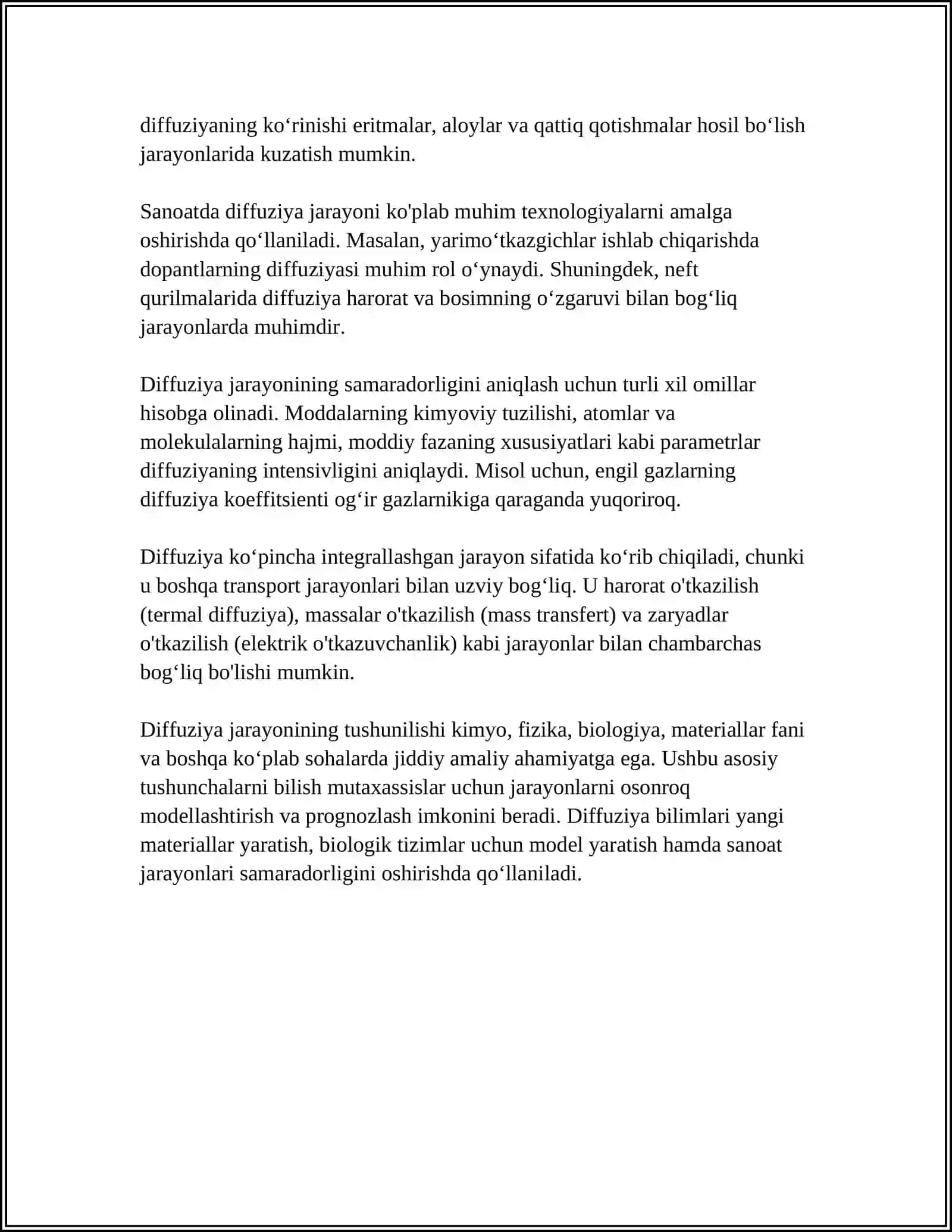 DIFFUZYA JARAYONLARING TEXNOLOGYADAGI AHAMYATI 4