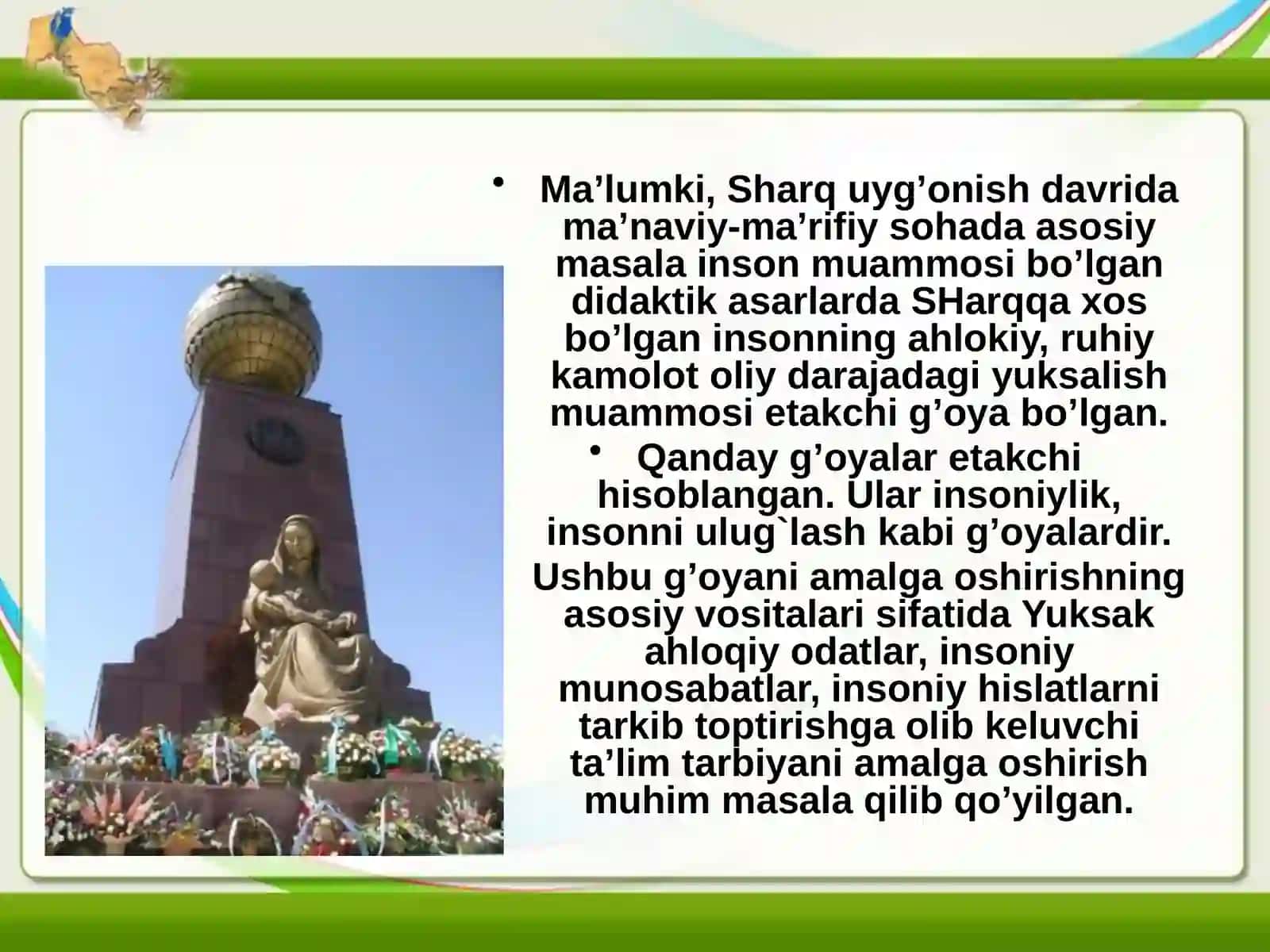 SHARQ VA MARKAZIY OSIYODA G`OYALARNING NAMOYON BO`LISHI ULARNING GUMANISTIK MOHIYATI 4
