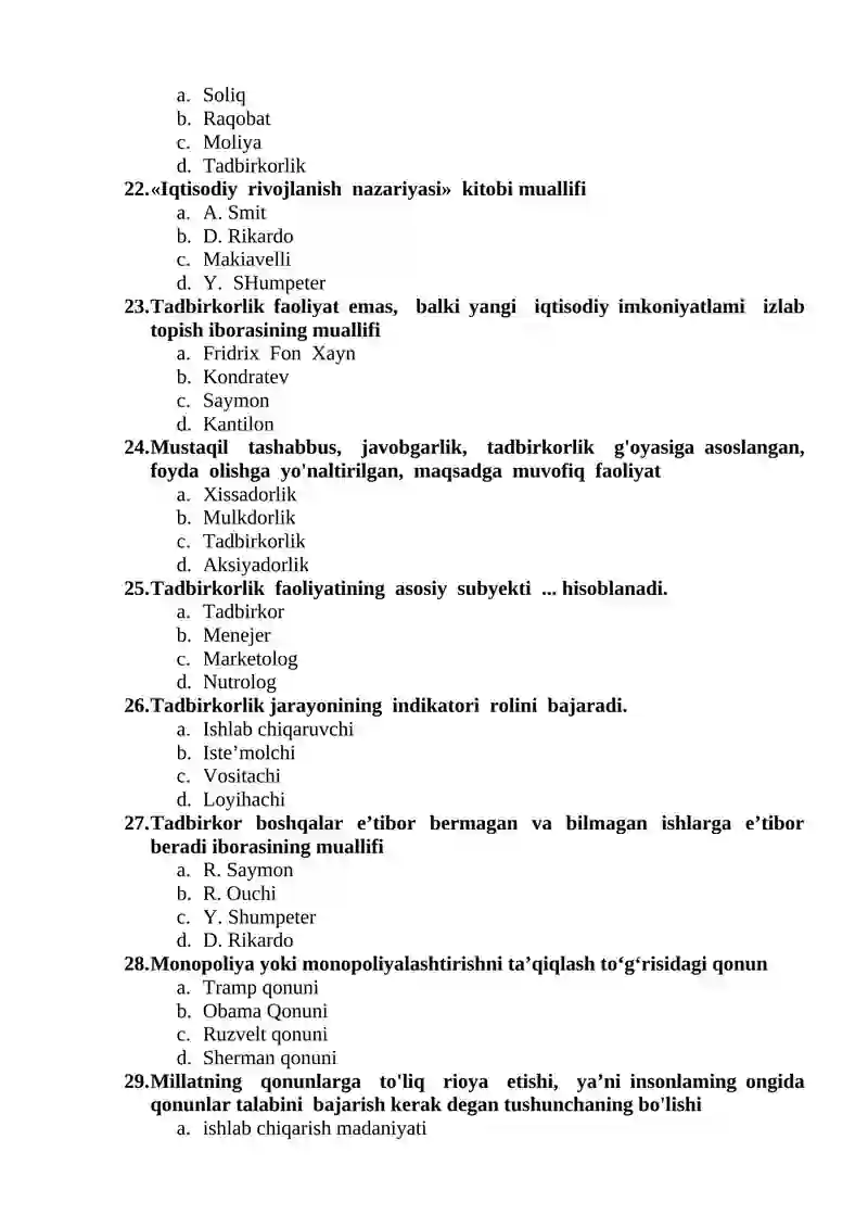 Tadbirkorlik asoslari fanining predmeti mavzusidan testlar 4
