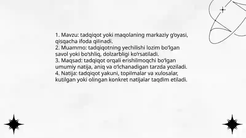 Annotatsiya va tezis akademik yozuv janrlari sifatida mavzusida 15 ta test tuzish kk 4