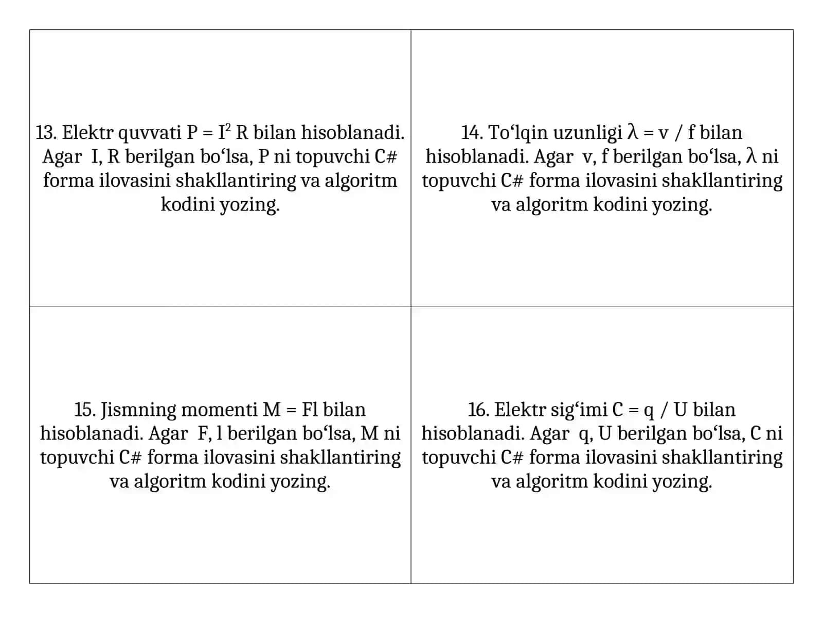 Jismning potensial energiyasi E = mgh bilan hisoblanadi. Agar m, g, h lar berilgan boʻlsa, E ni topib beruvchi C# forma ilovasini shakllantiring va algoritm kodini yozing 4