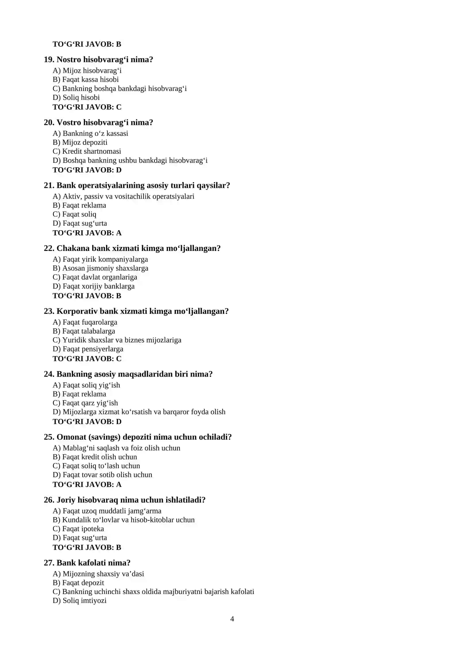 BANKKA ISHGA KIRISH UCHUN TESTLAR TO'PLAMI 4