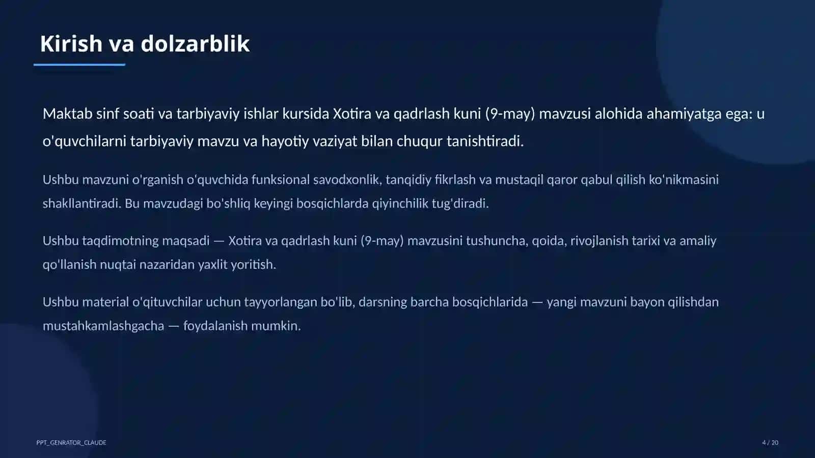 Sinf soati va tarbiyaviy tadbirlar (1–11) — o'qituvchilar uchun 4