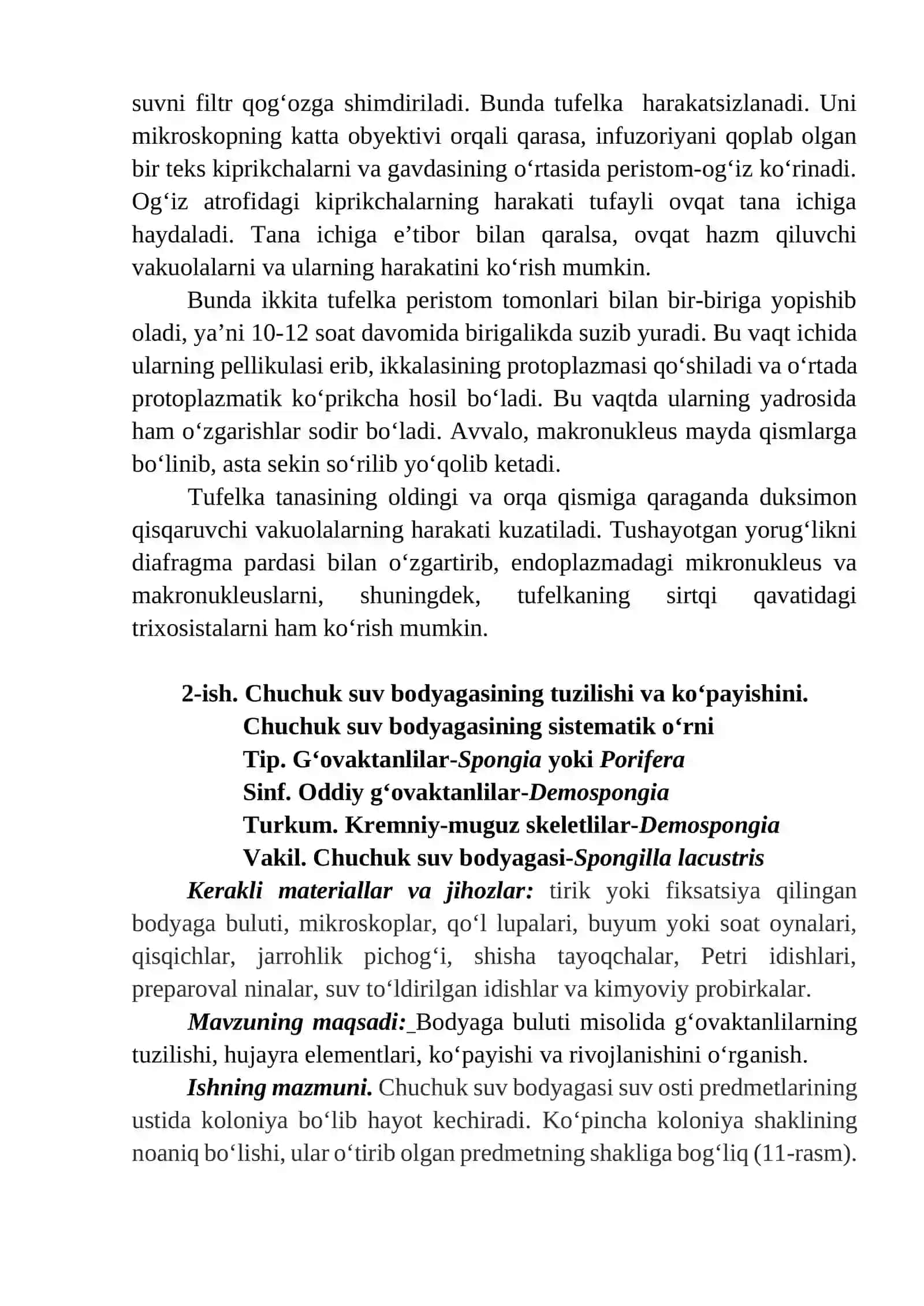 Infuzoriya-tufelka va chuchuk suv bodyagasining tuzilishi 4