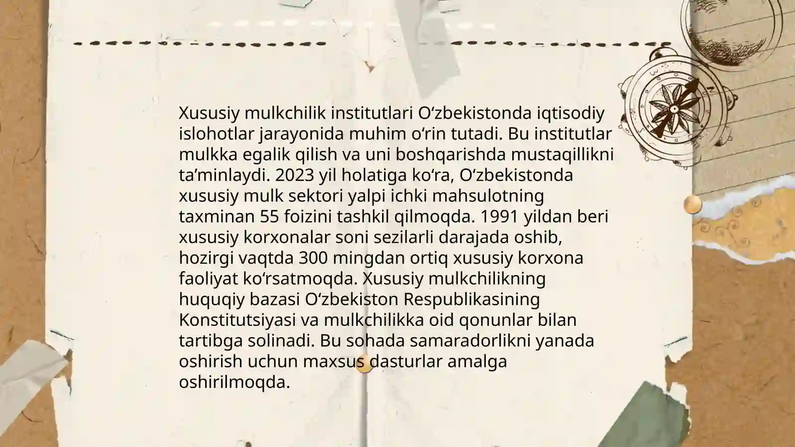 Iqtisodiy islohotlar,xususiy mulkchilikning shakllanishi.O'zbekistonda bozor munosabatlarining rivojlanishi 4