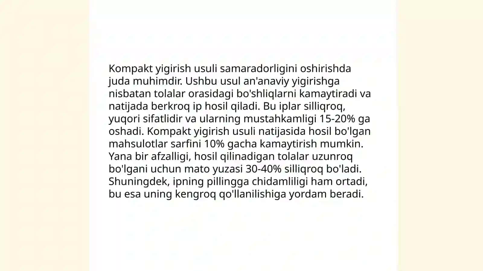 O‘zbekiston to‘qimachilik korxonalarida kompakt yigirish usuliningqo’llanilishi tahlili 4