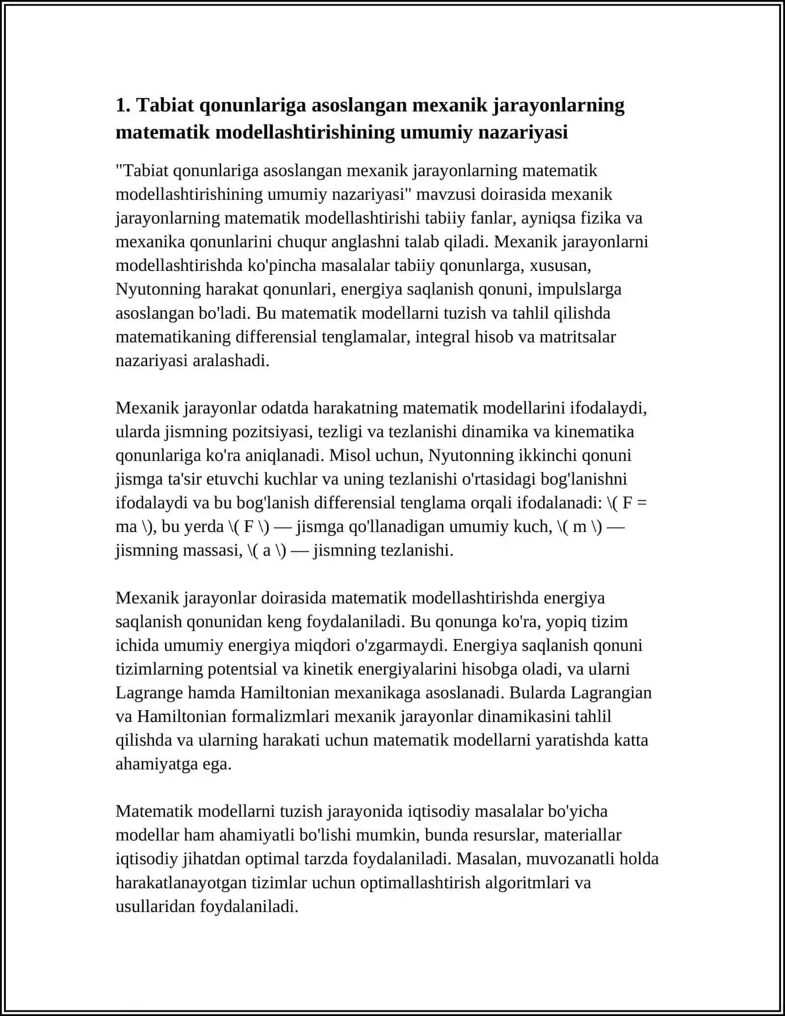 TABIAT QONUNLARI ASOSIDA MEXANIK JARAYONLARNING MATEMATIK MODELINI QURISH VA TAHLIL QILISH 4