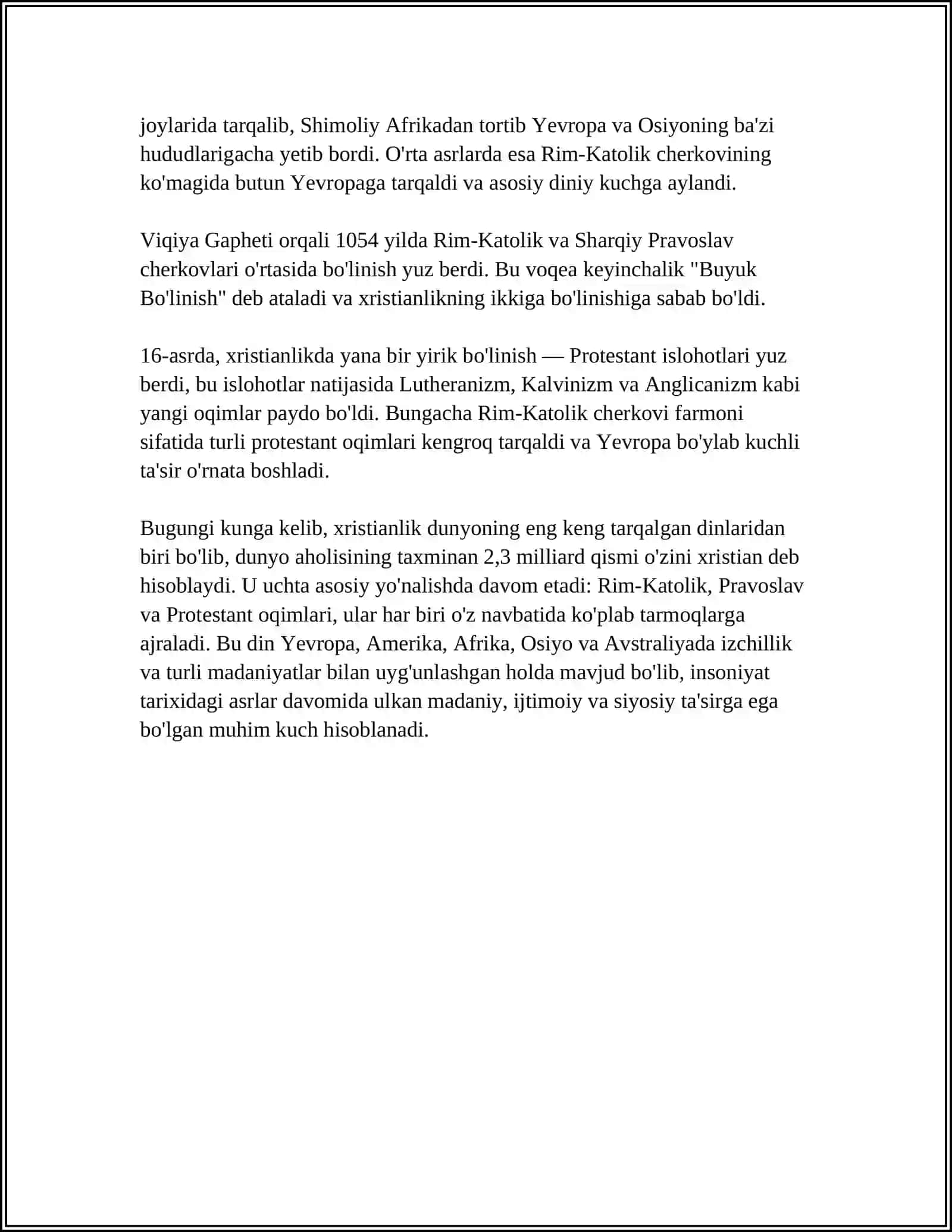 XRISTIANLIKNI PAYDO BULISHI, AQIDALARI ASOSIY YUNALISHLARI, TA'LIMOTLARI VA MANBALARI 4