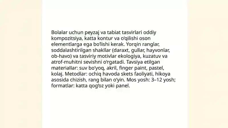 Tasviriy sanat turlari va janrlardagi bolalar uchun mos bõlgan asarlar 4