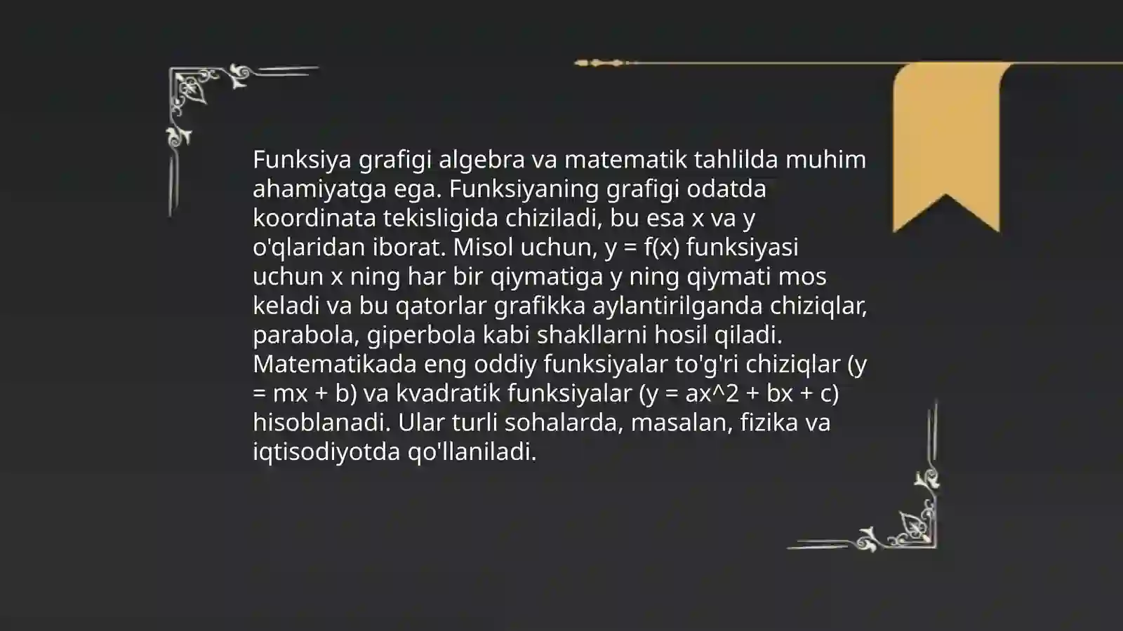 Funksiya haqida tushuncha Funksiyaning berilish usullari Elementar funksiyalar Parameter oshkormas va transendent korinishdagi funksiyalar 4