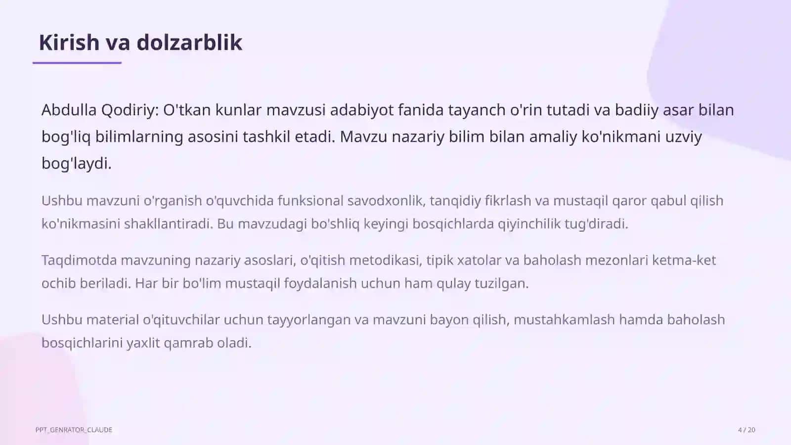 Abdulla Qodiriy: O'tkan kunlar (9-sinf) 4