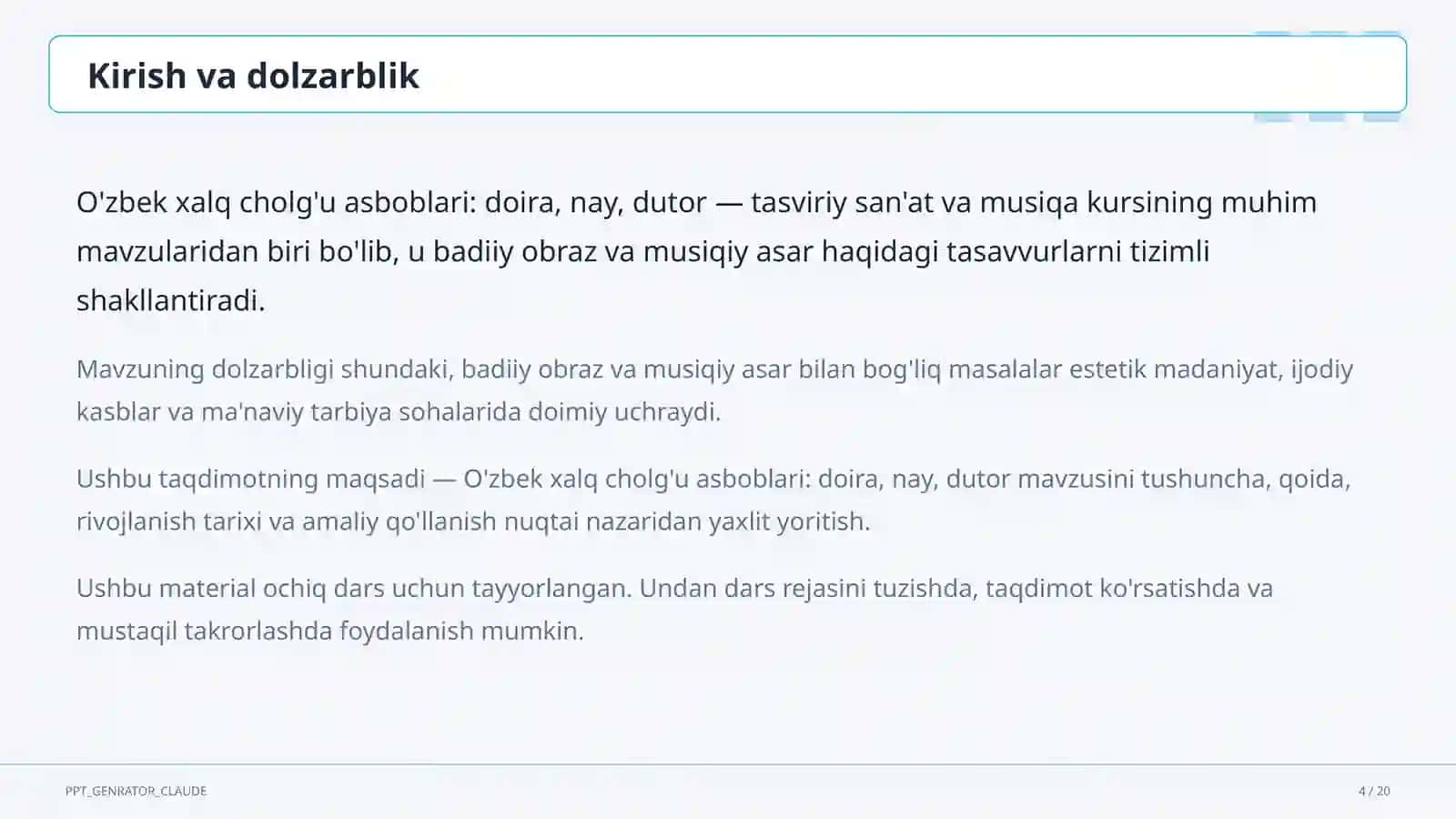 O'zbek xalq cholg'u asboblari: doira, nay, dutor (2-sinf) 4