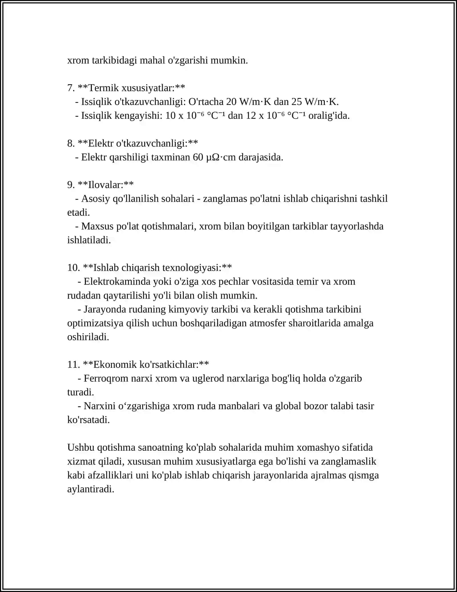 OʻRTA UGLERODLI FERROXROM (ФХ100) OLISH TEXNOLOGIYASINI TANLASH VA HISOBLASH 4