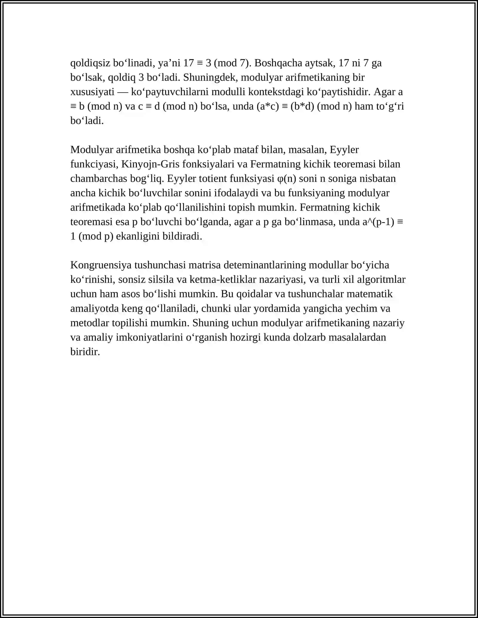 MATEMATIKA FANIDAN MOSLIK VA MUNOSABATGA OID MISOLLAR MAVZUSIDA REFERAT 4