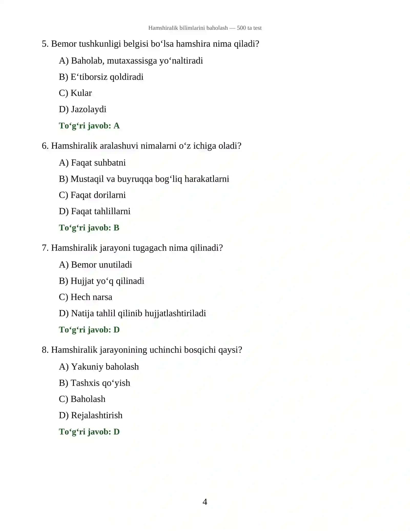 Hamshiralik bilimlarini baholash — 500 ta test 4
