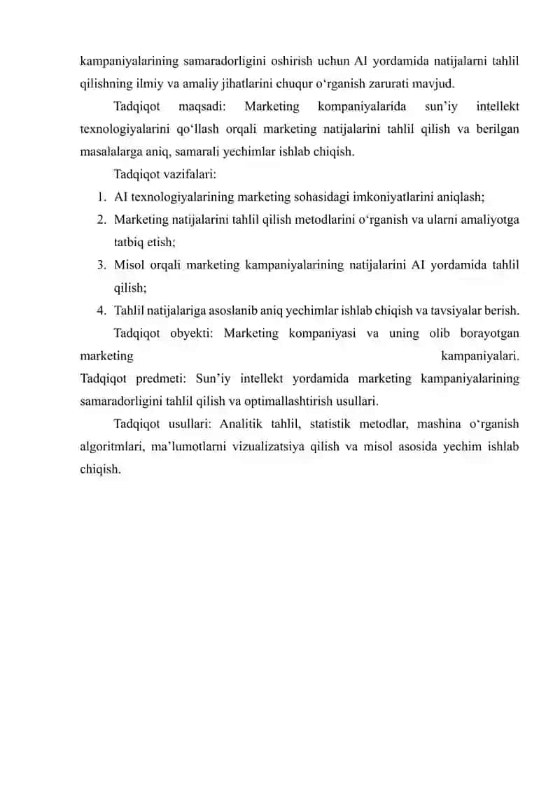 AI yordamida marketing kompaniyasi natijalarini tahlil qilish va berilgan masalaga aniq yechimlar ishlab chiqish 4