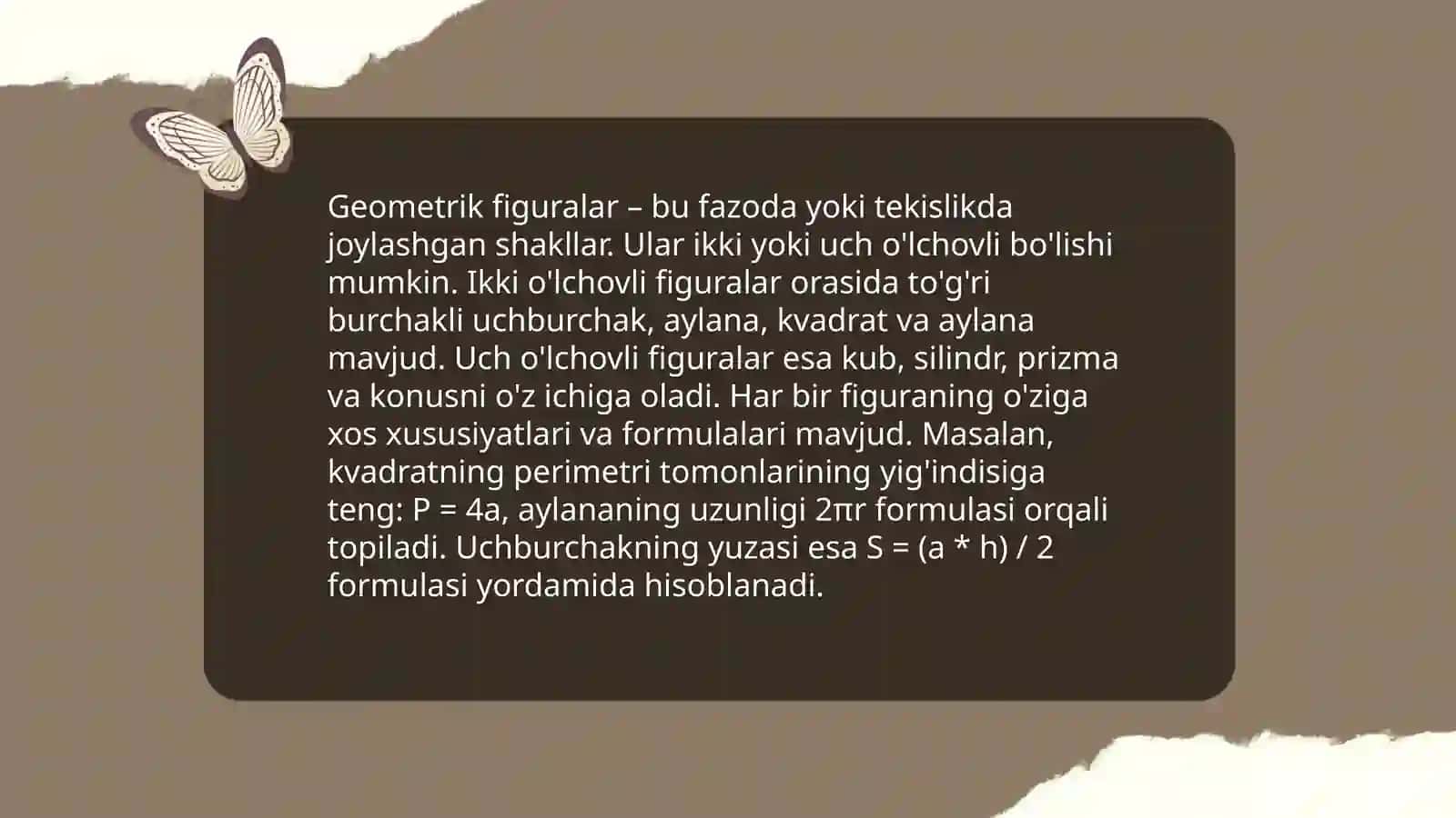 Geometrik figuralar, ularning ta’rifi, xossalari va alomatlari. Uchburchak geometriyasi. Pifagor teoremasi. O’xshashlik. Geometrik masalalarning turlari, o’lchash bilan bog’liq amaliy masalalar, hisoblashga oid masalalar, isbotlashga doir masalalar va yasashga doir masalalar 4
