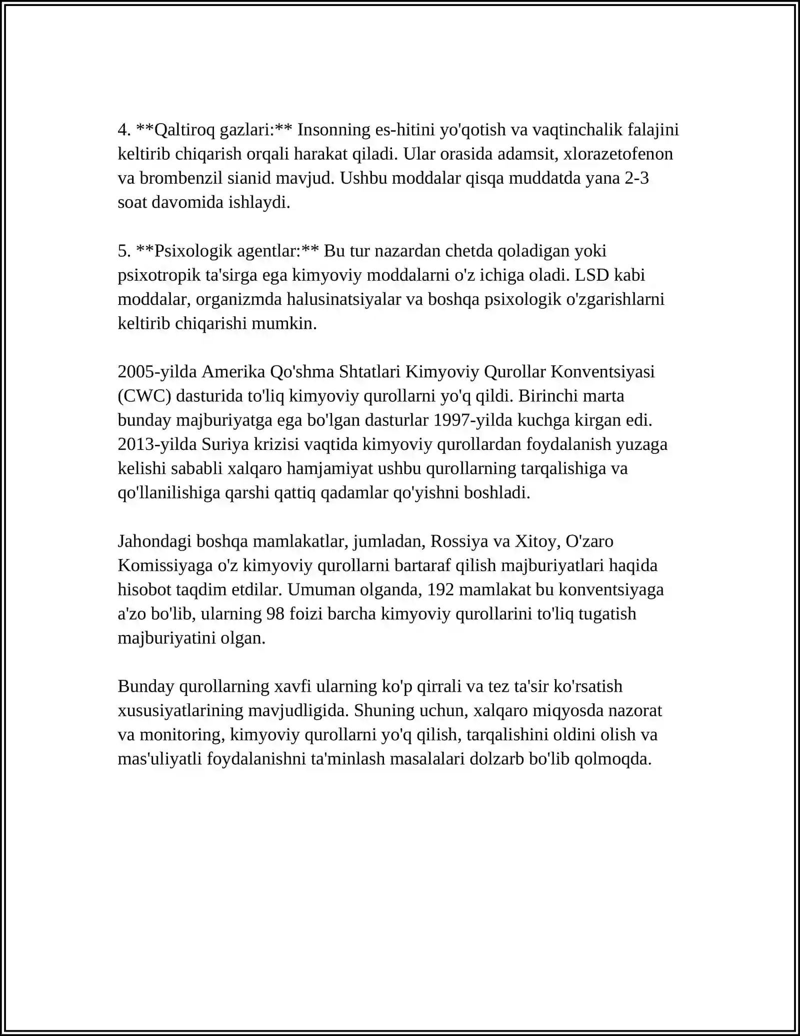 KIMYOVIY BAKTERIOLOGIK(BIOLOGIK) QUROLLAR QOʻLLANILGANDAGI VAZIFASI 4