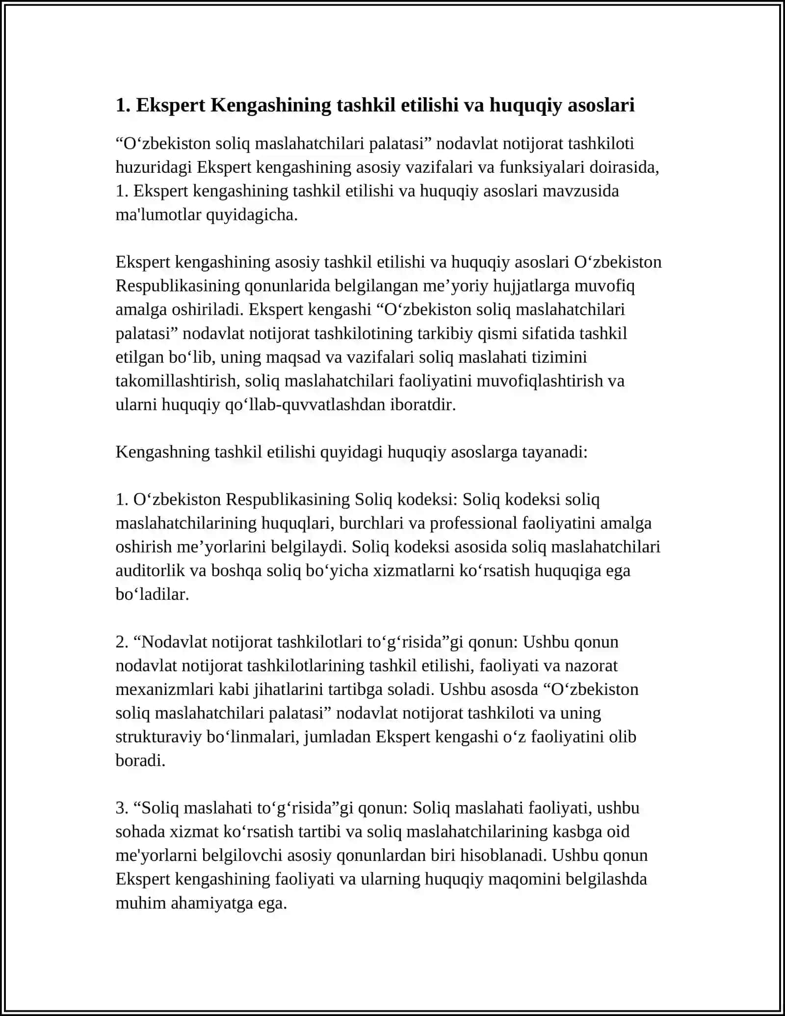 O‘zbekiston soliq maslahatchilari palatasi”NNT HUZURIDAGI EKSPERT KENGASHINING ASOSIY VAZIFALARI VA FUNKTSIYALARI 4