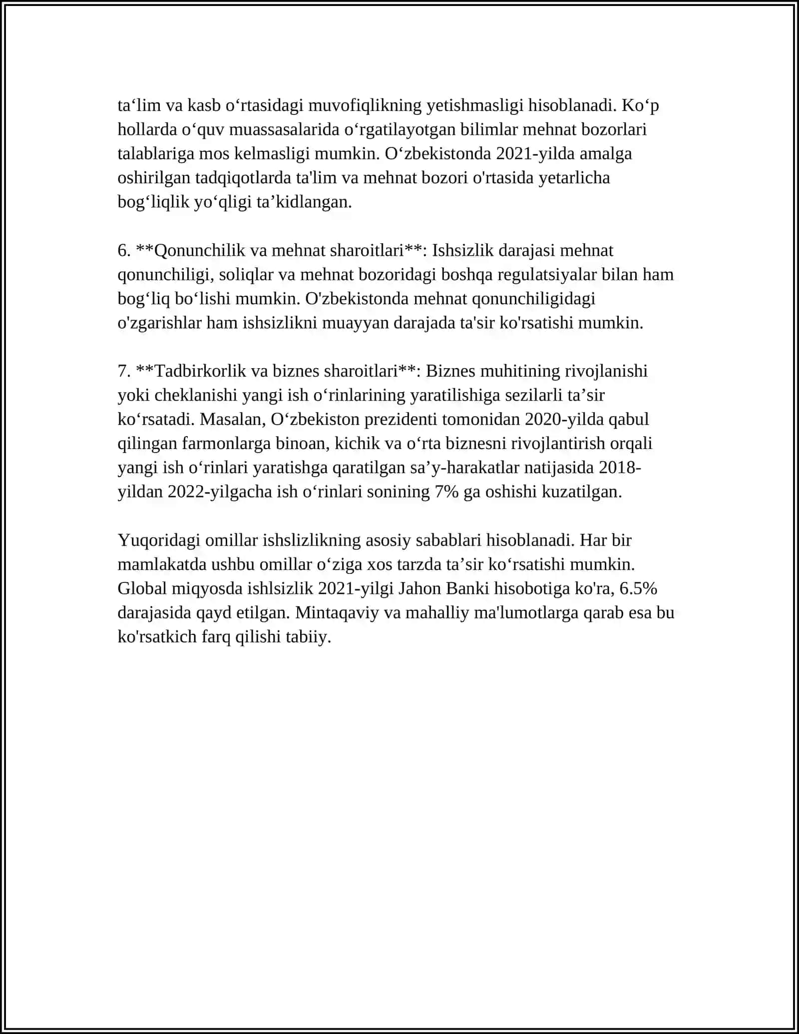 BANDLIK MUAMMOLARI VA ISHSIZLIK DARAJASI TAHLILI 4
