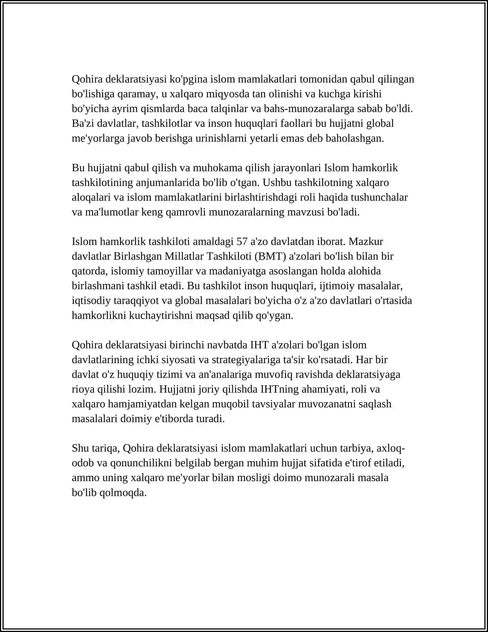 QOHIRA DEKLARATSIYASI TARIXI VA MAZMUNI BORASIDA TAHLILLIY MAQOLA TAYORLASH 4