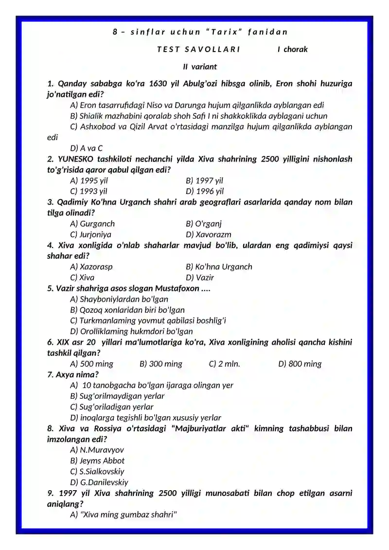8-sinflar uchun tarix fanidan teslar to'plami 4