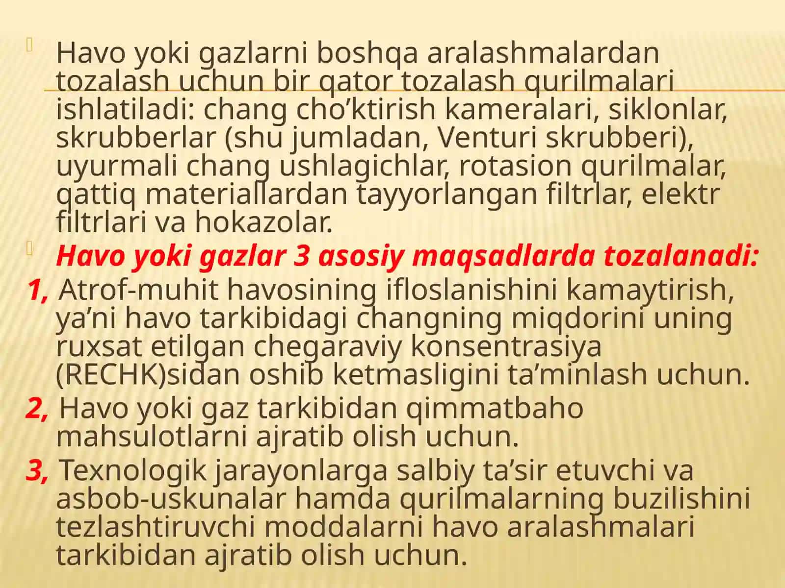 Sanoat korxonalari havosini tozalashning maqsadlari, usullari, vositalari va texnik-iqtisodiy ko’satkichlari 4