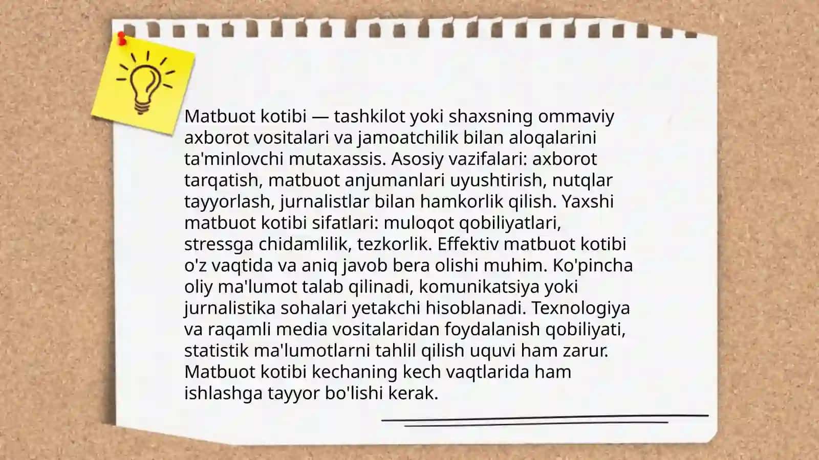Matbuot kotibi yuqori umumiy madaniyat, nutqning ifodaligi va obrazligi texnikasi 4