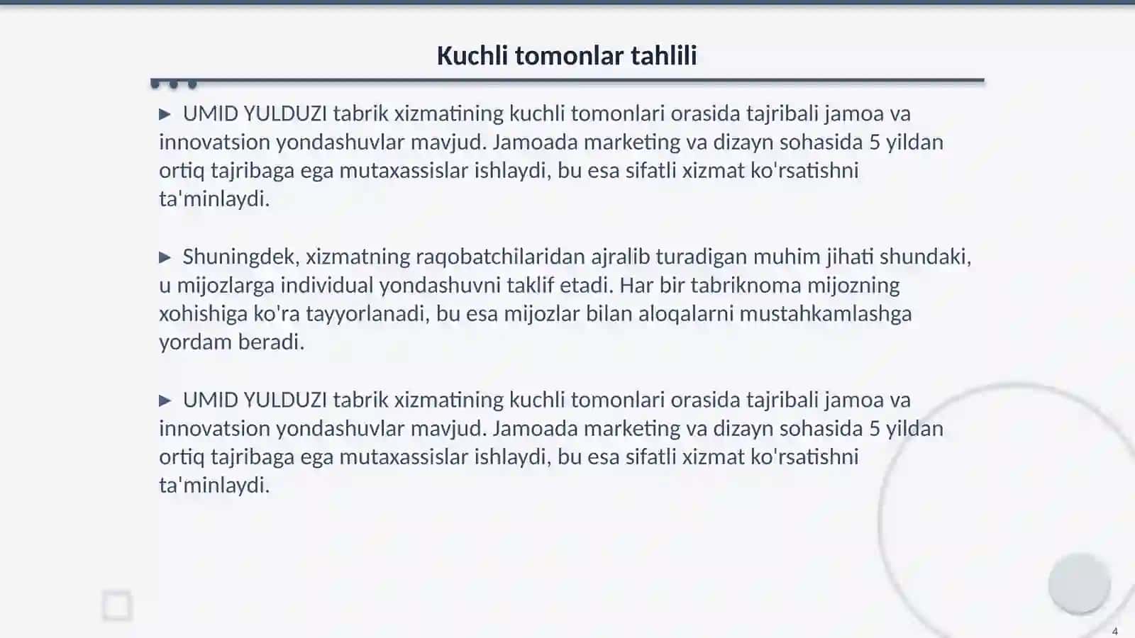 UMID YULDUZI tabrik xizmati demo loyihasini SWOT tahlili boʻyicha 4