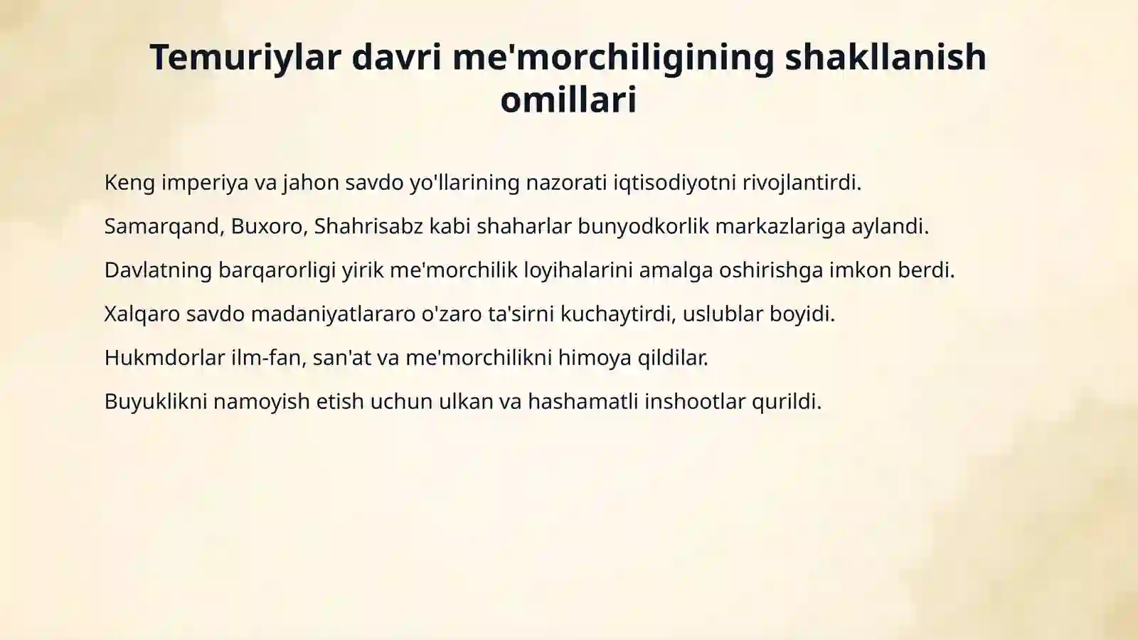TEMURIYLAR DAVRI ME'MORCHILIGI 4