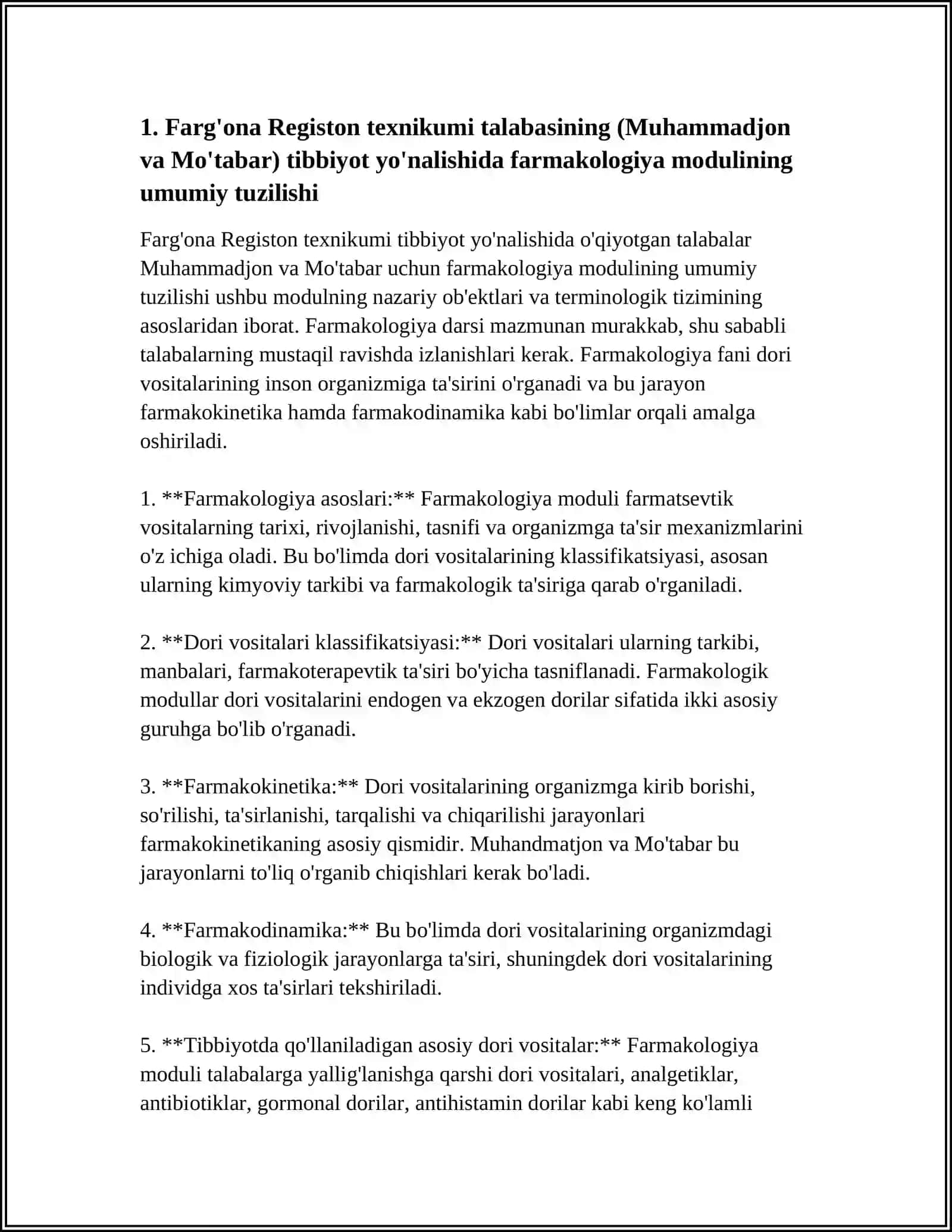 FARGONA REGISTON TEXNKUM TALABSI MUHAMMADJONVA MÕTABAR TIBBIYOT YONLASHIDA OQIMAN MUSTAQIL ISH MAVZUSI FARMAKOLOGIYA MODULINING TUZILISHI NAZARIYA ASOSLARI OB'EKTLARI VA TERMONOLOGIK TIZM 4