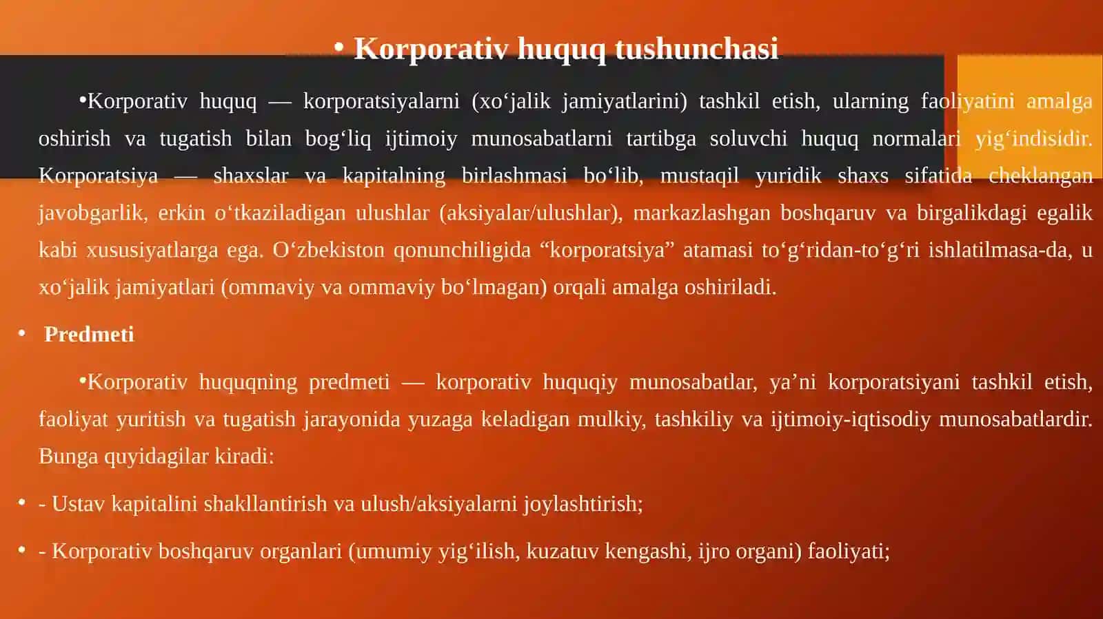Korporativ huquq tushunchasi, predmeti, tamoyillari va tizimi 4