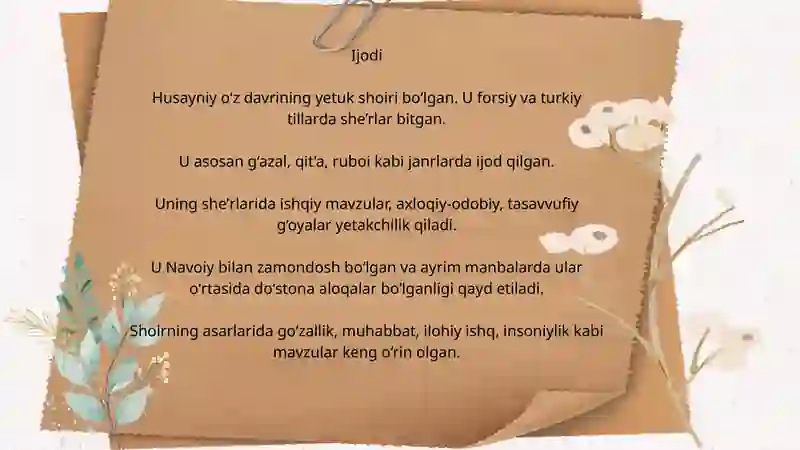 Husayniy hayoti va ijodi 4